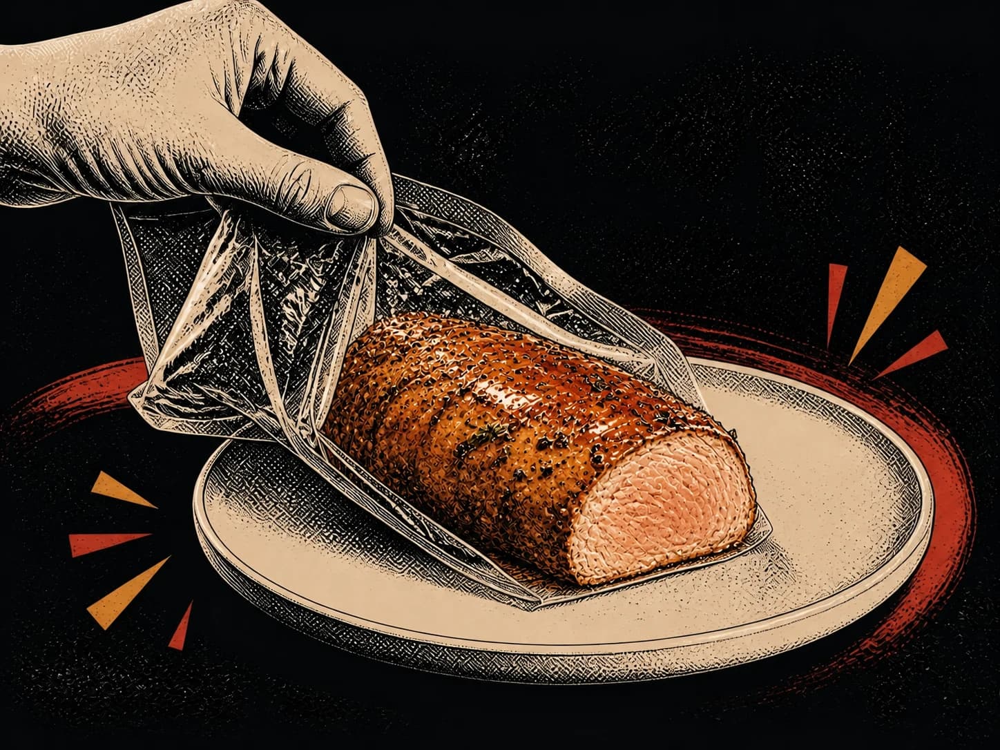 Editorial illustration: a hand opens a pack of cooked chicken fillet over a plate
