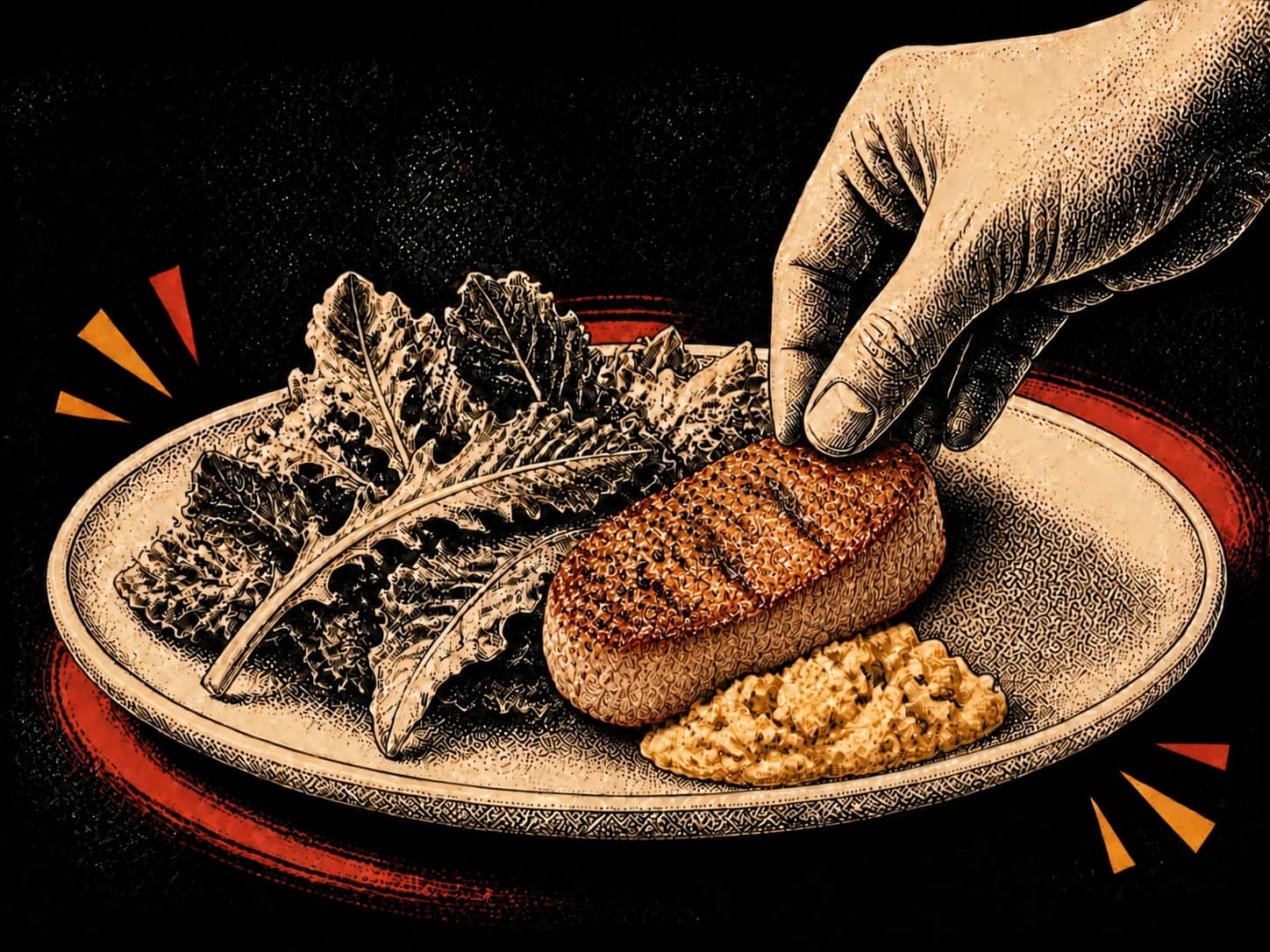 Editorial illustration: a hand adds cooked chicken fillet beside salad and potato