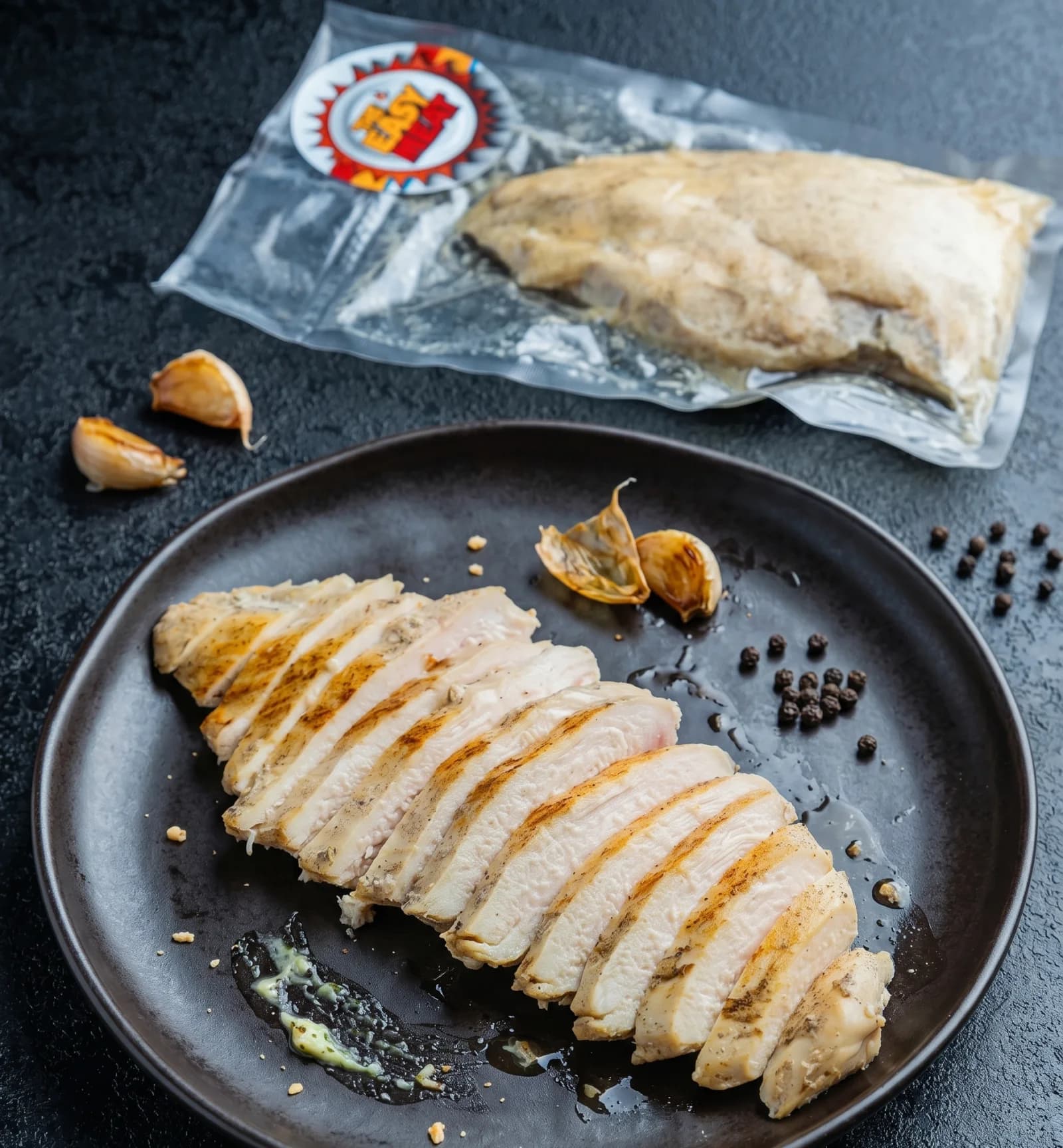 Sous-vide chicken fillet on a dark plate with the pack behind