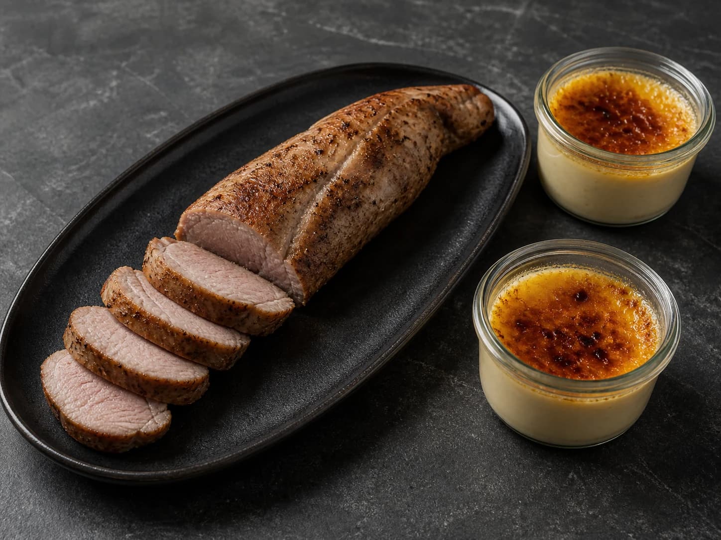 Pork tenderloin and two crème brûlées in one box - dinner and pudding sorted.
