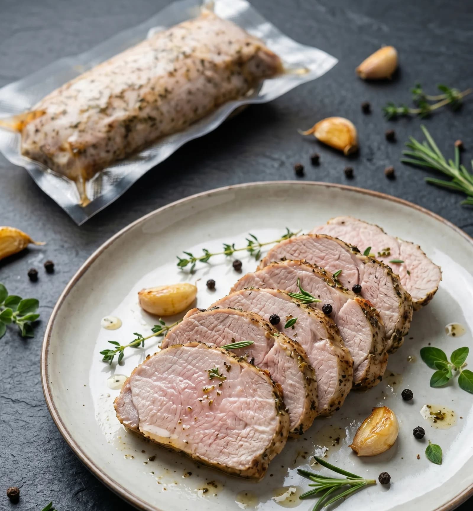 Sliced sous-vide pork tenderloin with herbs