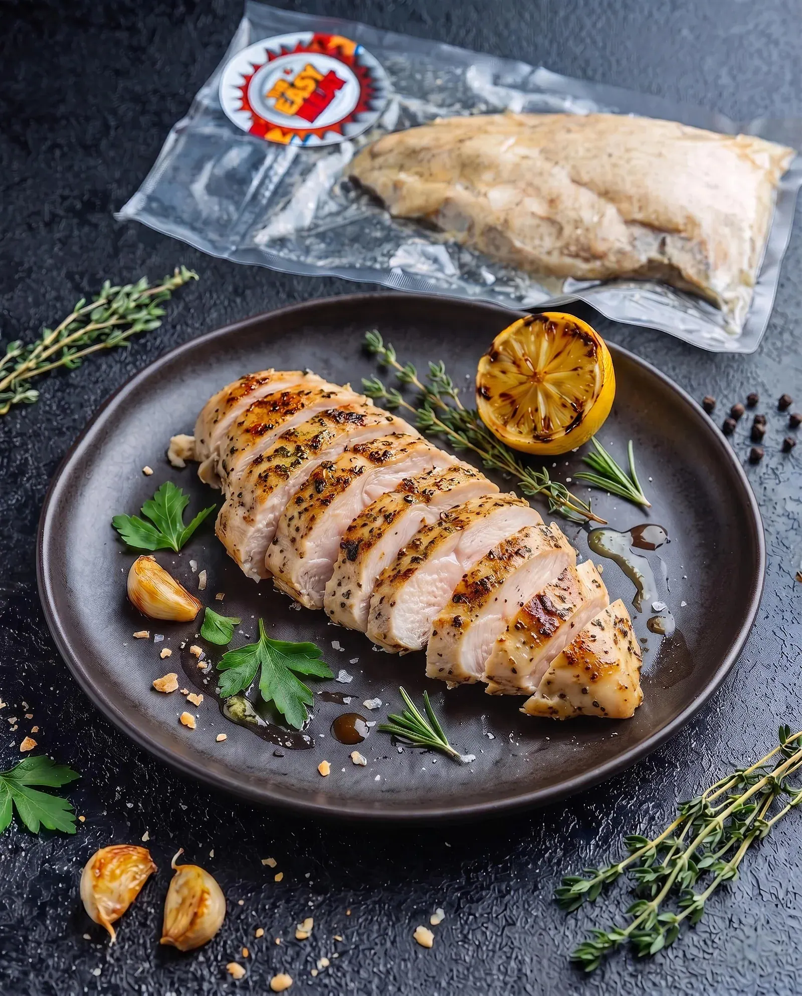 Sliced chicken fillet on a dark plate with lemon and herbs, a vacuum pack behind