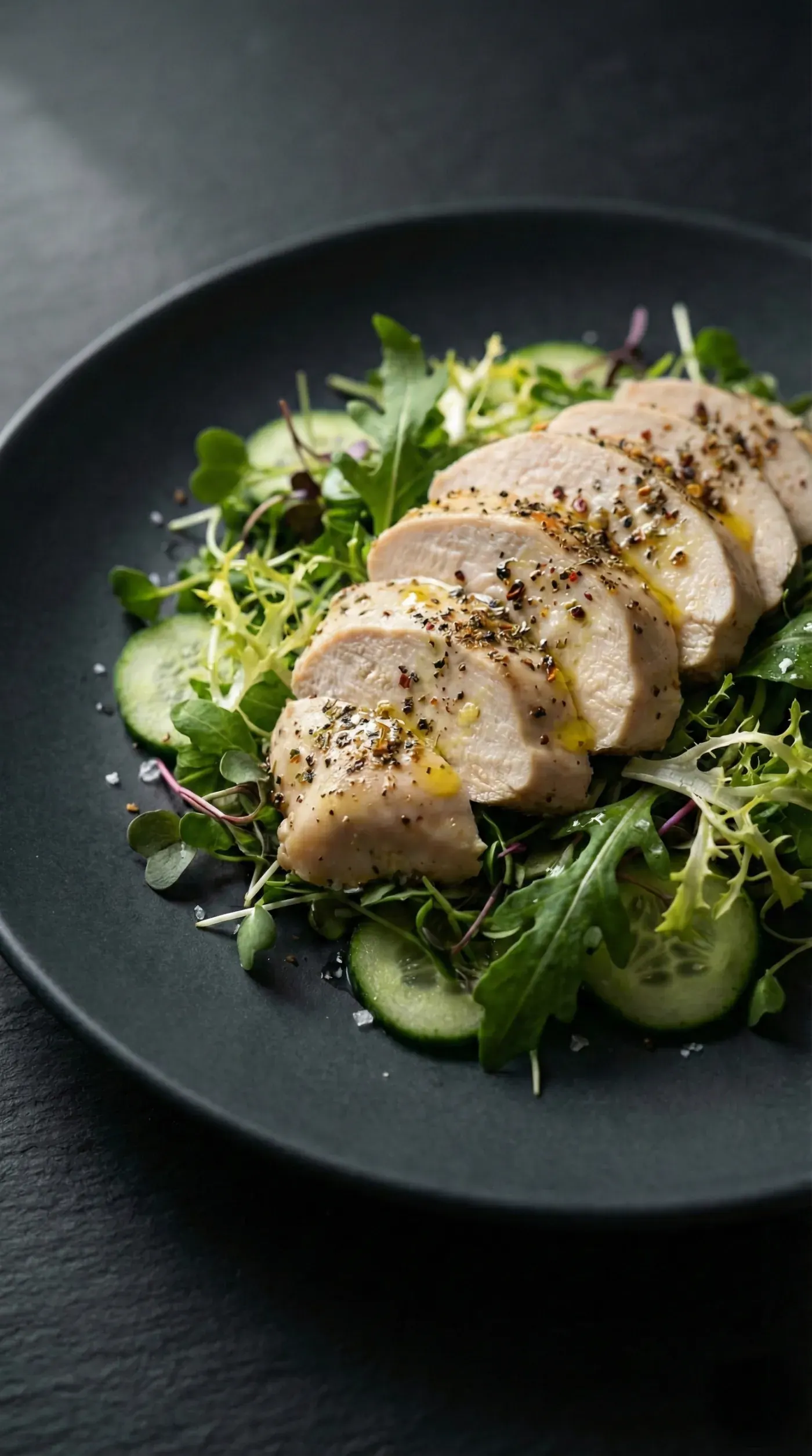 Slices of sous-vide chicken fillet over a fresh salad on a dark plate