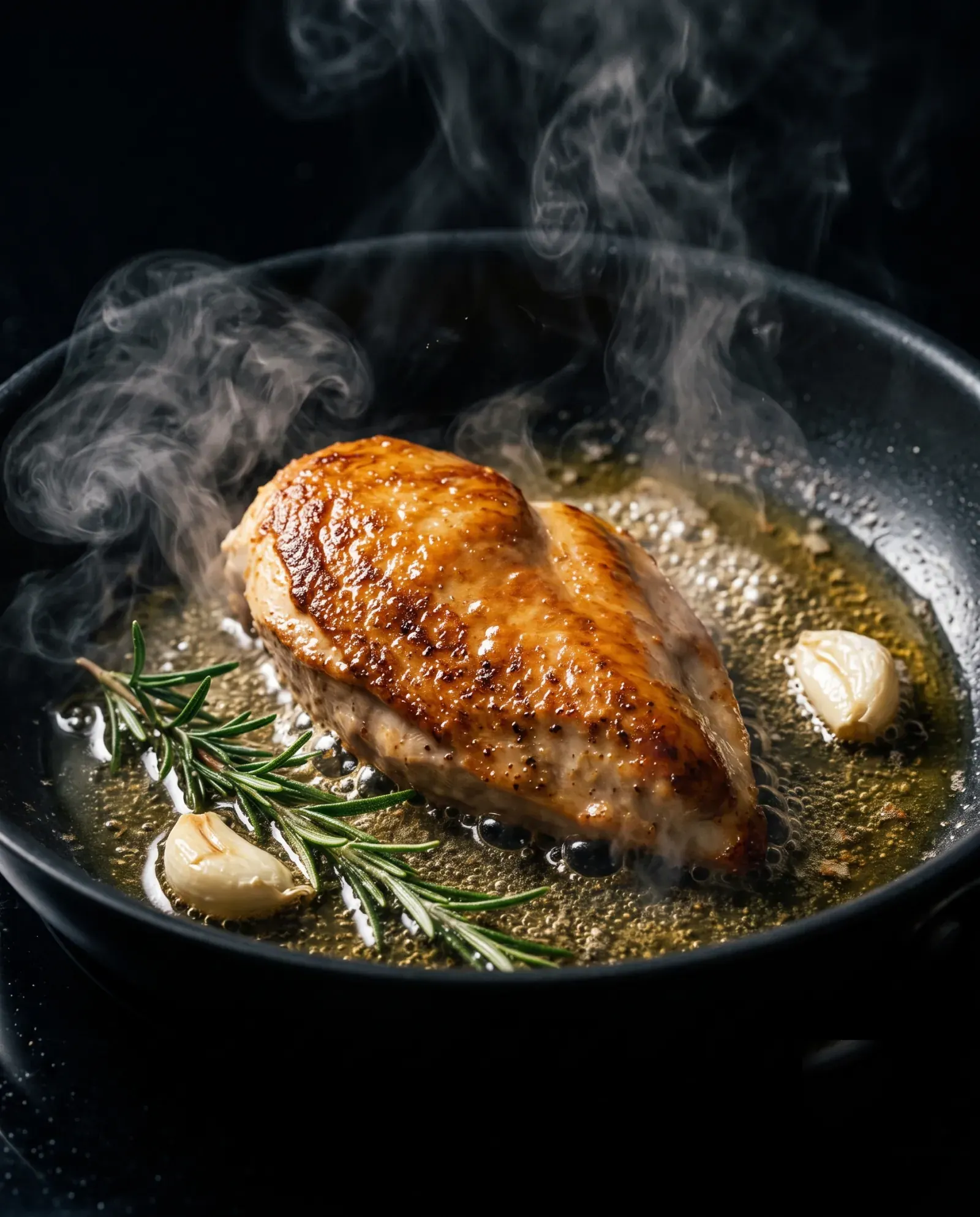 Chicken fillet taking on a crust in a hot pan with rosemary and garlic