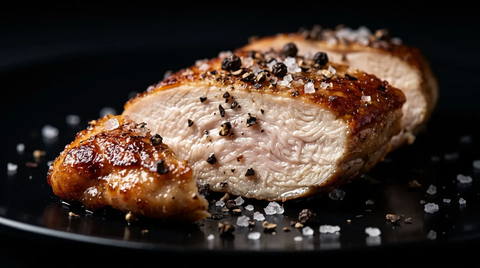 Sliced sous-vide chicken fillet showing a golden crust and a juicy centre on a black plate