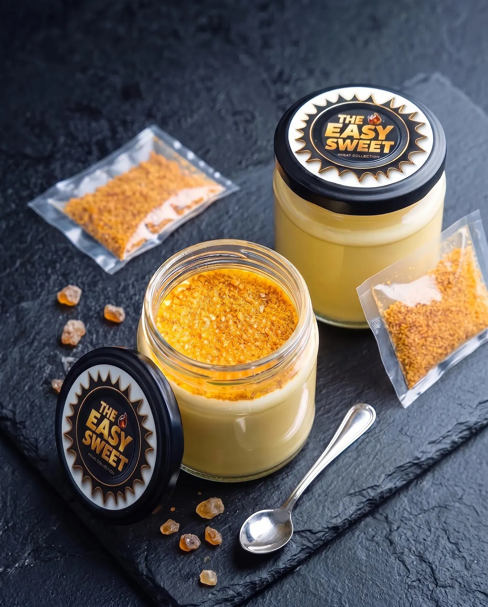 Two glass jars of crème brûlée, one open and one with its lid on