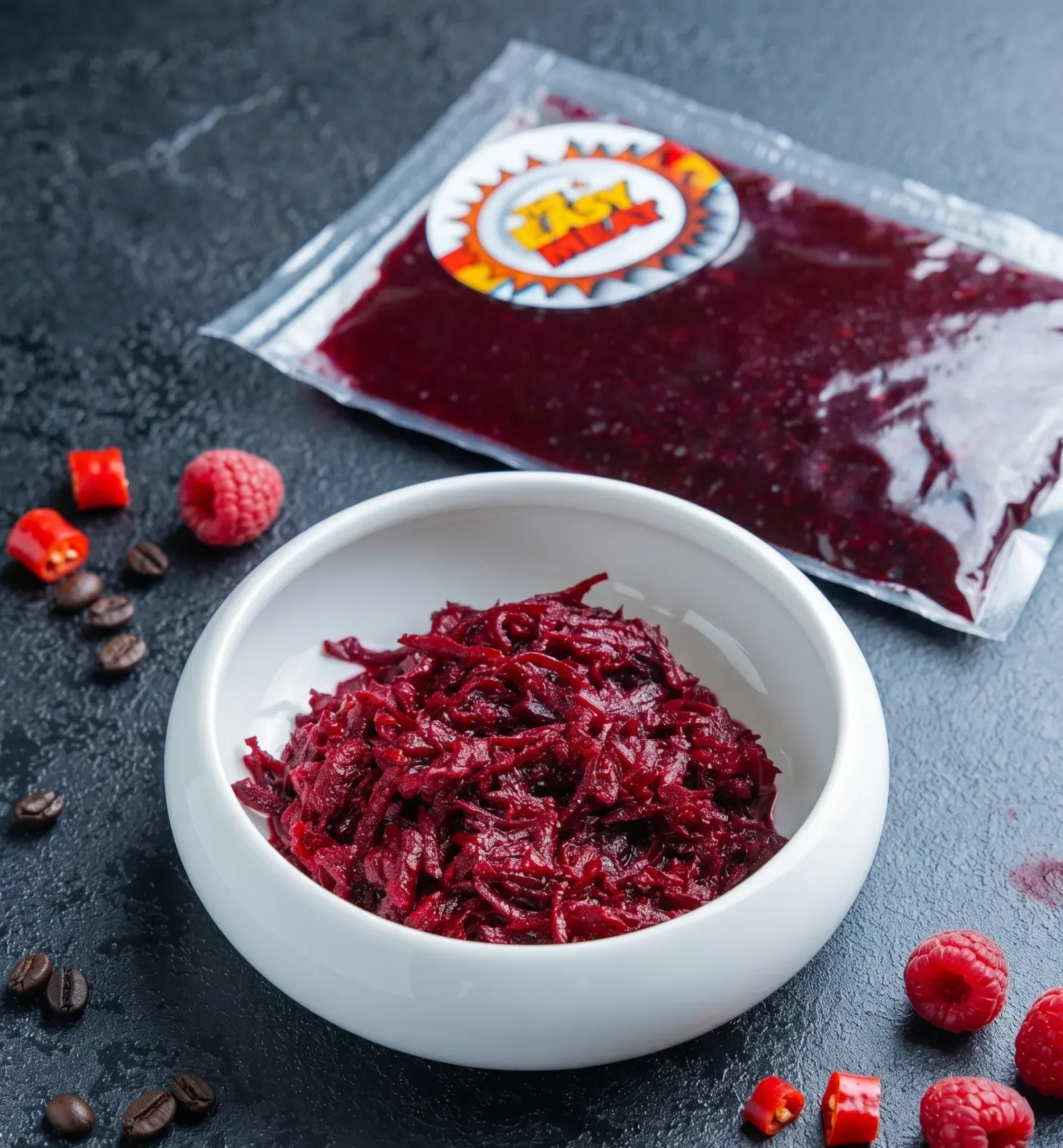 Fermented beetroot in a white bowl with raspberries and its sealed pack behind
