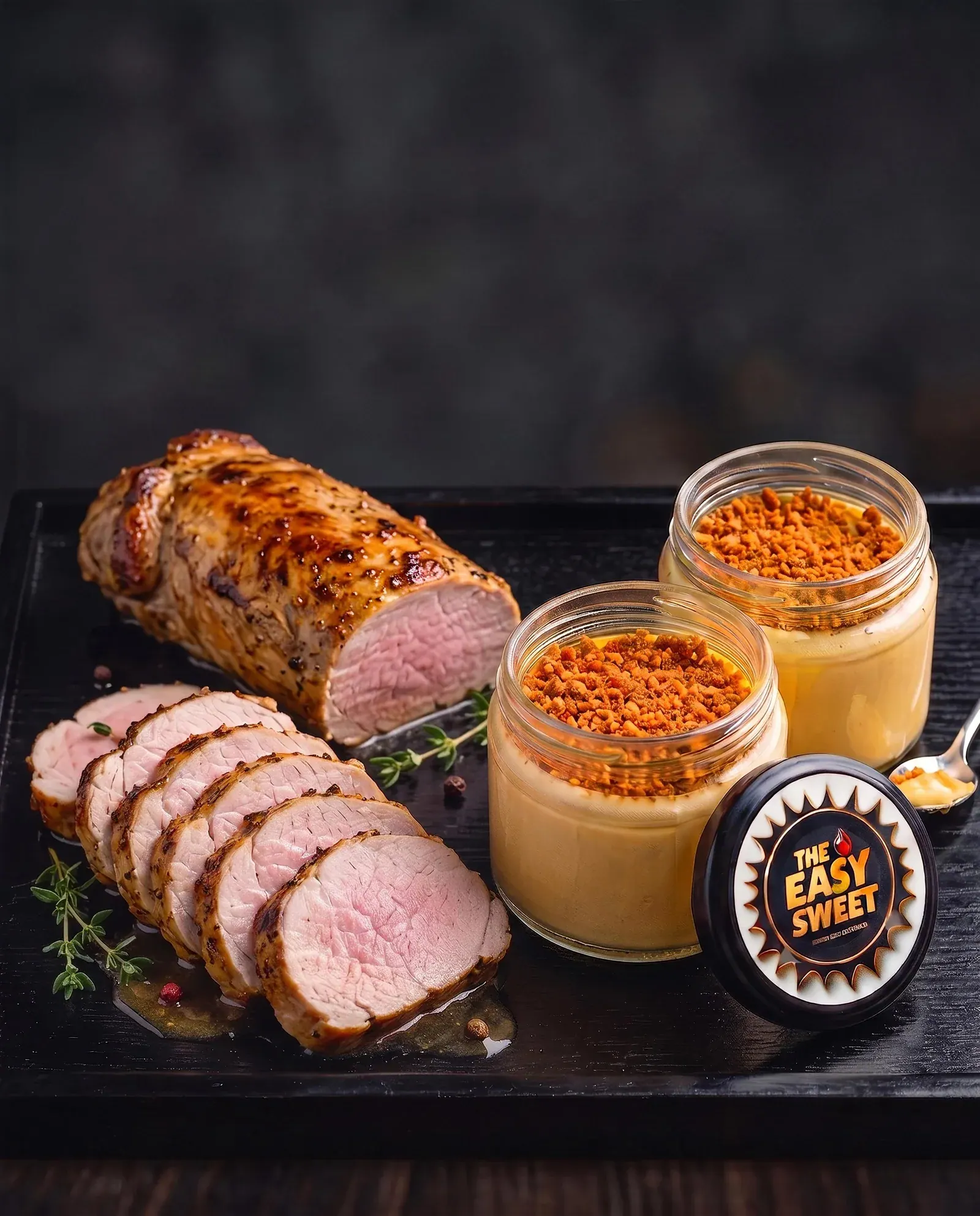 Dinner for two: ready-cooked pork tenderloin and two crème brûlées. Add your favourite side.