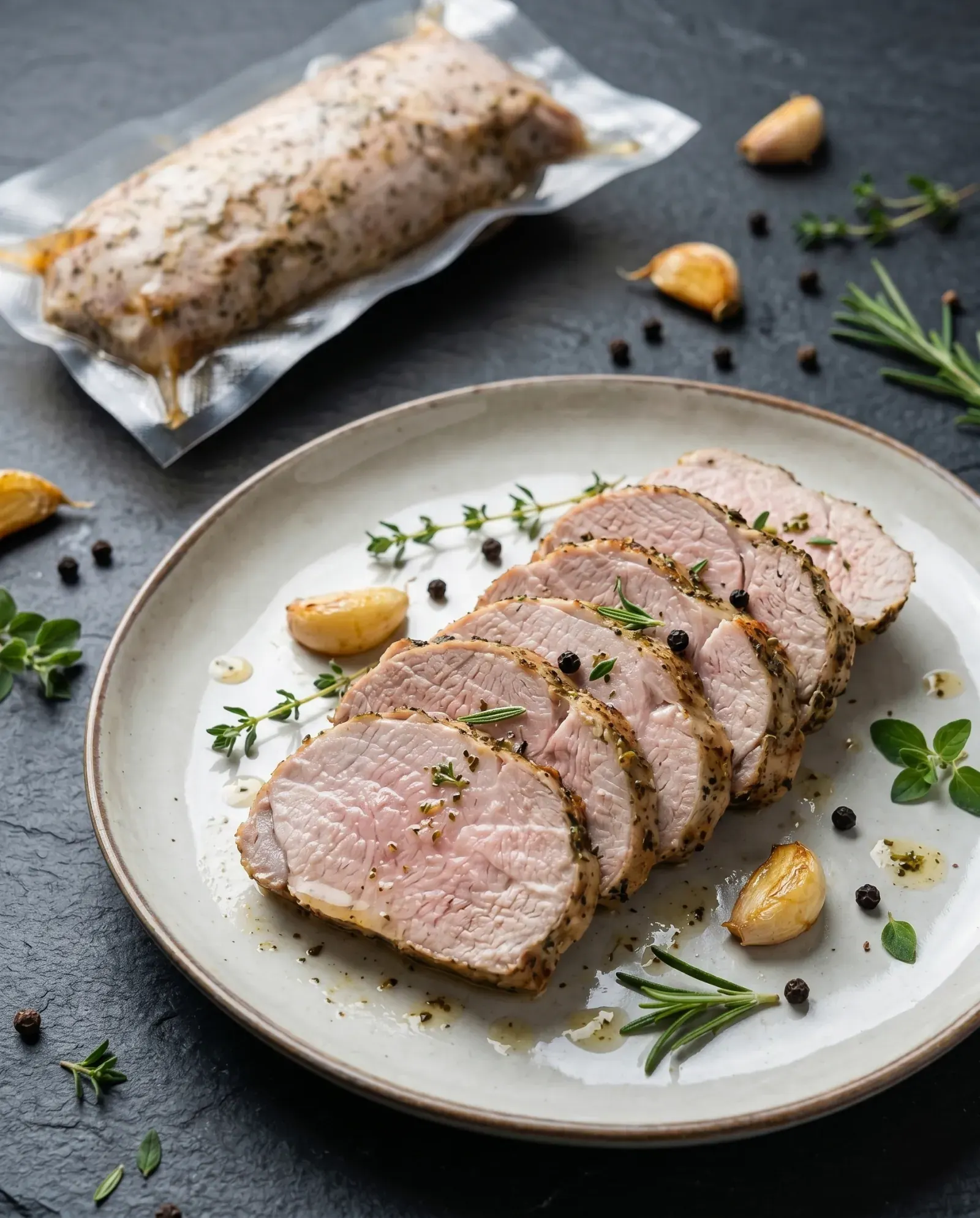 Slices of sous-vide pork tenderloin on a plate with the unopened vacuum pack behind